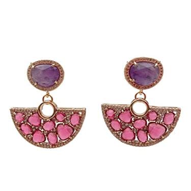 Imagem de Brinco feminino requintado com olho de gato fúcsia ametista roxa natural