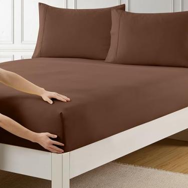 Imagem de Lençol King Size apenas com elástico completo e tiras de canto embutidas para evitar deslocamentos – Lençol de baixo de microfibra escovada macio e respirável, King, marrom chocolate