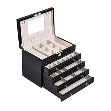 Imagem de AJMIPO Organizador de caixa de joias grande de madeira caixa de joias / armário/armário com cadeado para mulheres meninas anel colar, caixa de joias feminina de 5 níveis organizador estojo de