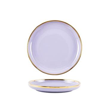 Imagem de 20 cm Design de borda dourada cerâmica salada/massa/fruta/aperitivo/pratos de sobremesa, pratos de jantar de Natal, conjunto de 2 pratos de jantar roxos claros/verde claro (cor: roxo claro, tamanho