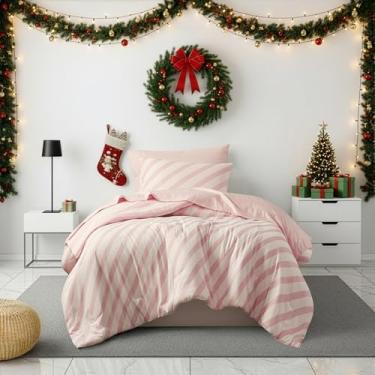 Imagem de Jogo de cama de solteiro listrado reversível em uma bolsa, 5 peças com design de listras de dupla face - jogo de cama quente e aconchegante inclui edredom de solteiro, conjunto de lençóis, fronha e