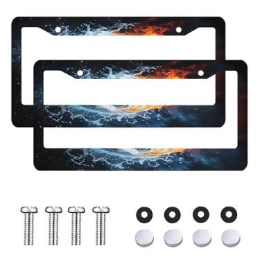 Imagem de 2 peças de moldura de placa de licença de fogo de água psicodélica à prova de ferrugem capa de placa de carro frontal traseira suporte de etiqueta de carro para mulheres homens acessórios de decoração