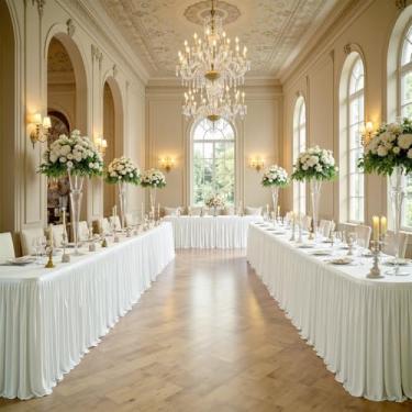 Imagem de Saia de mesa de poliéster marfim de 640 cm para mesas retangulares de 2,4 m (cobertura completa), saias de mesa de pano creme sem rugas, 6,4 m, para festa de casamento, chá de bebê, bolo, sobremesa