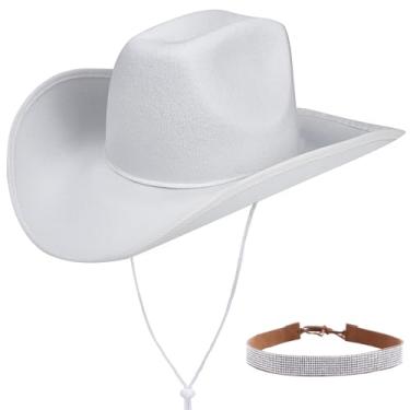 Imagem de azuza Chapéu de cowboy para mulheres e homens, chapéu de vaqueira de feltro para adultos, acessórios de festa ocidental com cinto, Branco, 56-58cm/22-22.8 inches