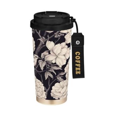 Imagem de SEHANY Caneca de café de viagem Flores e pássaros de 482 g com tampa revestida de cerâmica e à prova de vazamento, parede dupla, copo de aço inoxidável isolado a vácuo para bebidas quentes e frias