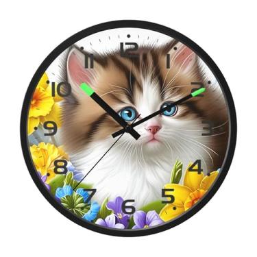 Imagem de SEHANY Relógio de parede de gato fofo, silencioso, sem tique-taque, operado por bateria, controle de som, luz noturna, relógios de parede para sala de estar, cozinha, quarto, escritório, decoração de