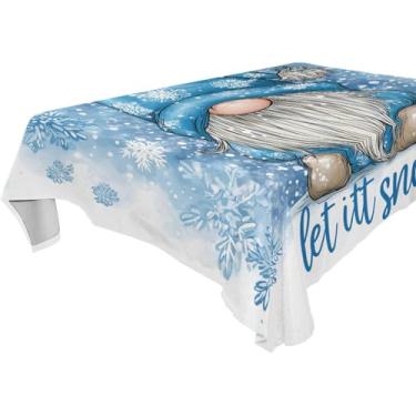 Imagem de KEEPREAL Toalha de mesa de Natal - Toalha de mesa de tecido resistente a manchas e estampa de gnomo azul, lavável, quadrada 137 x 137 cm (3)