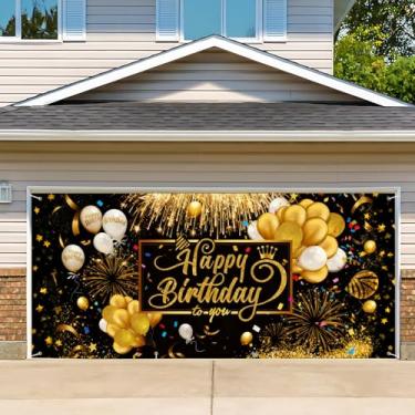 Imagem de Capa de porta de garagem de aniversário, cenário fotográfico de faixa de feliz aniversário, fundo de festa para decoração de parede interna e externa (feliz aniversário, 1,8 x 3 m)