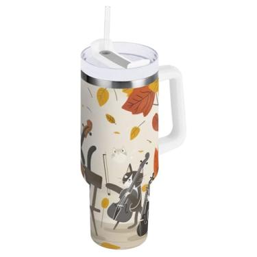 Imagem de Kigai Copo de violoncelo de gato fofo de 1,134 g com tampa e canudo, copo isolado de aço inoxidável durável à prova de vazamento com alça, garrafas de água à prova de derramamento para viagens