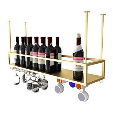 Imagem de APUM Rack de vinho de teto industrial, altura ajustável, suporte de garrafa de vinho, taças de metal para vinho, prateleira de decoração para bares e restaurantes