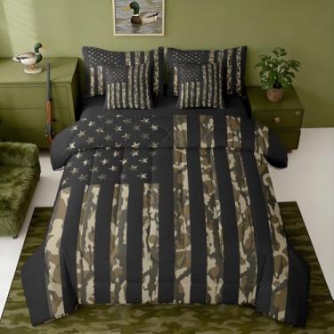 Imagem de Jogo de cama Queen com bandeira americana, camuflagem, caça, camuflagem, 7 peças, para crianças, com lençóis, fronhas e capa de almofada para meninos e meninas, casa de fazenda ocidental em uma bolsa