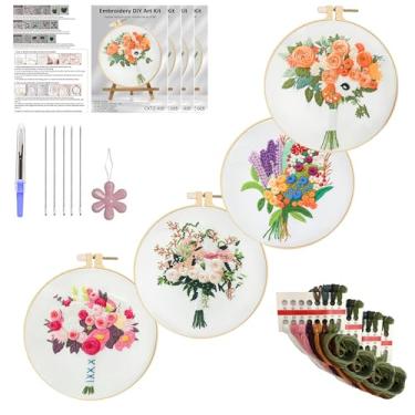 Imagem de Huacan Kits de bordado para adultos, iniciantes, 4 peças estampadas, estampa floral, buquê impresso, kit de costura faça você mesmo, 19 x 19 cm