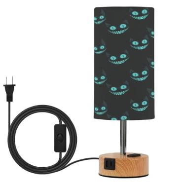 Imagem de Blueangle Candeeiro de mesa com controle de toque com textura de gato Cheshire com duas portas USB e tomada CA, regulável em 3 vias para quarto, sala de estar, berçário (167)