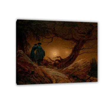 Imagem de Two men contemplating the Moon por Caspar David Friedrich Impressões em tela Well Decor The World Classic Art Reproduções de arte grande giclée arte de parede para sala de estar decoração de casa 90 x