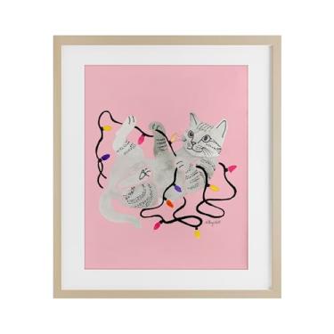 Imagem de Stupell Industries "Gato com luzes de Natal rosa", impressão emoldurada sob vidro, marrom, 13 x 16