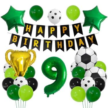 Imagem de 26 balões de futebol verde, balões metálicos de 9 anos. Decoração de futebol de 9 anos, 9 balões de troféu de futebol, ouro preto, tema esportivo, decoração de festa para crianças, meninos, decoração