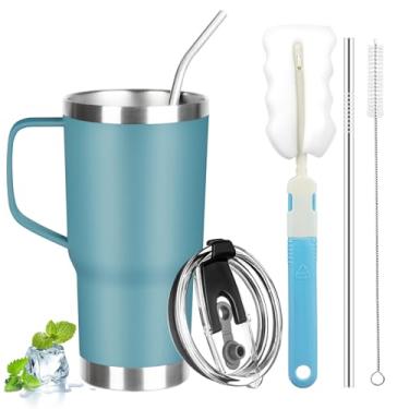 Imagem de GUDEMAO Copo de 590 ml com alça, copo isolado de aço inoxidável com tampa e canudo, caneca de café a vácuo de parede dupla, copo térmico de café isolado para frio e quente (azul maia)