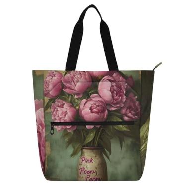 Imagem de GAIGEO Sacola vintage de peônia rosa - design de vaso floral, bolsa escolar para livros de praia com zíper, bolsa de viagem reutilizável para compras de supermercado para mulheres