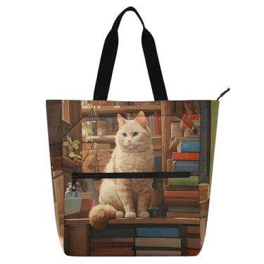 Imagem de Sacola clássica de livros de gato sentado para mulheres, crianças, escola, trabalho, zíper, lona, bolsa de mão, presente