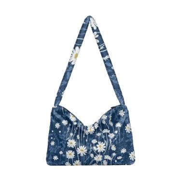 Imagem de Old Pirate Treasure Map Worn Bolsa de ombro feminina, bolsa de mão de pelúcia feminina, bolsas de outono, Azul jeans margarida floral, One Size