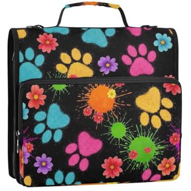 Imagem de Estampas coloridas de patas de cachorro 3,8 cm, 3 anéis, organizador de fichário com zíper, bolsa de fichário para ensino médio com alça, portfólio de documentos e estojo para pasta de anéis, 34,5 x