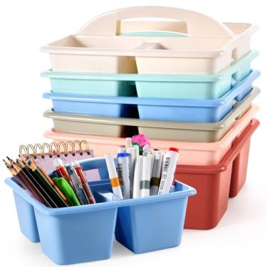 Imagem de Pacote com 6 suportes para sala de aula com alça organizadora de plástico para armazenamento com 3 compartimentos, caixa de armazenamento portátil para lápis, giz de cera, marcador, casa, escritório
