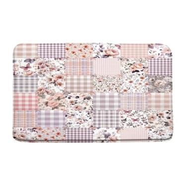 Imagem de Lindo tapete de banho floral xadrez boho flor roxa laço retrô casa de fazenda patchwork flor xadrez primavera flores silvestres tapete de banho vintage, capacho absorvente, tapete de quarto, banheiro