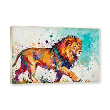 Imagem de Moldura dourada. Arte abstrata de respingos de leão, pintura colorida de animais em tela, decoração de parede expressiva moderna para sala de estar ou escritório. A58. 30x45cm-11,8x17,7 pol.