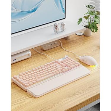 Imagem de EWEADN C98 Combo de teclado e mouse com fio, teclados de computador com fio com palma de pulso, teclas de disparo duplo, teclado com luz de fundo RGB silencioso para Windows/MAC/PC (rosa)