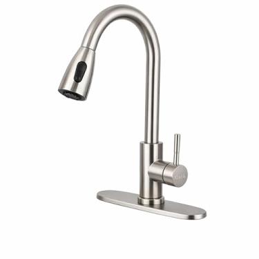 Imagem de Klabb Torneira de aço inoxidável S20 Torneira de cozinha com alça única de níquel escovado alto, torneiras de pia de cozinha de aço inoxidável de nível único com pulverizador de puxar para baixo