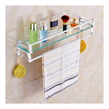 Imagem de Prateleira de banheiro Suporte de armazenamento de canto Prateleiras com toalheiro e ganchos Suporte de parede de alumínio para banheiro Prateleira de perfuração de vidro temperado 1026 (Tamanho: 60