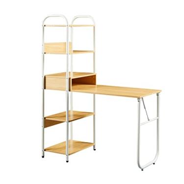 Imagem de Mesa de escritório rústica de 113 cm com prateleiras de 5 camadas para armazenamento e estante de livros, mesa de computador dobrável multifuncional resistente, estação de trabalho espaçosa, mesa de