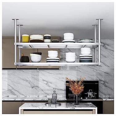 Imagem de Prateleira de armazenamento de teto, prateleira de montagem de teto de aço inoxidável de 2 camadas, prateleiras flutuantes suspensas, rack organizador para cozinha de restaurante, fácil de instalar