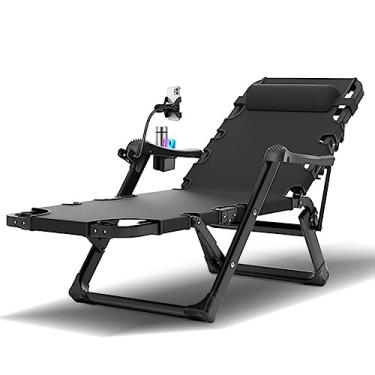 Imagem de ONDHGFBGB Espreguiçadeira para ambientes externos 2 em 1 dobrável com travesseiro e suporte para copos, cadeiras reclináveis de pátio de 5 posições, cadeira reclinável de gramado ajustável para praia