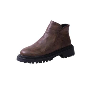 Imagem de Botas femininas com zíper lateral plus size outono inverno estilo moderno salto redondo botas curtas botas cano curto, Marrom, 35