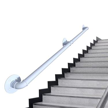 Imagem de AkosOL Corrimão de escada - kit completo, corrimão de tubo branco industrial de escada com suporte de parede, casa contra a parede, grades internas e externas para idosos