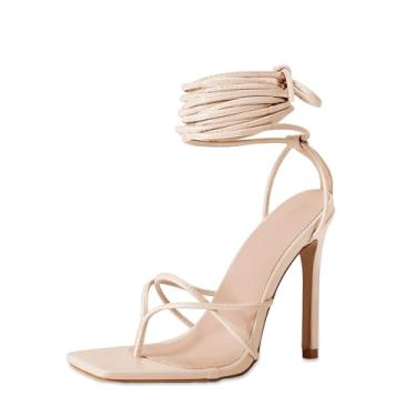 Imagem de PiePieBuy Sandálias femininas de salto alto quadradas com cadarço, sapatos de festa com tiras, Bege, 40
