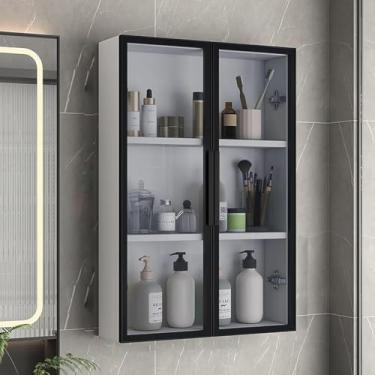 Imagem de Armário de parede de banheiro de madeira maciça - Organizador de porta de vidro para vaso sanitário - Armazenamento versátil de medicamentos para banheiro, quarto, cozinha - 50 cm de largura