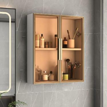 Imagem de Armário de banheiro estreito de madeira maciça montado na parede com espelho, rack de armazenamento de porta de vidro para vaso sanitário, cozinha e banheiro, armário lateral que economiza espaço