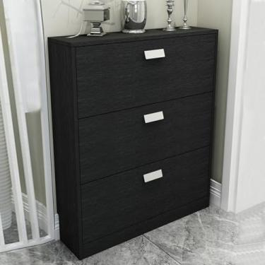 Imagem de Caixa organizadora de sapatos com capa à prova de poeira, armário estreito com 3 portas dobráveis e prateleiras ajustáveis para quarto, dormitório, sala de estar, entrada - preta (70 x 17 x 107 cm)