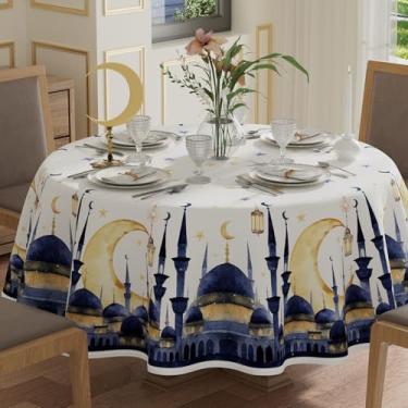 Imagem de XCHI Toalha de mesa redonda em aquarela Castle Moons Stars Ramadan Mubarak, toalha de mesa redonda para decoração de festa em casa, jantar em casa, 177 x 177 cm