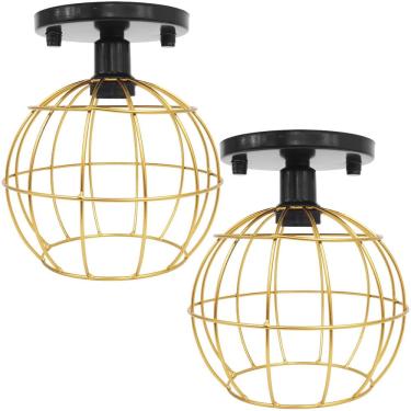 Imagem de 2 Lustres Teto Plafon Industrial Aramado Globo Dourado Retrô Luminária Vintage Preto Agp Ilumini