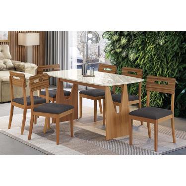 Imagem de Sala Jantar Mesa Mila Premium Madeira Maciça c/ Tampo Madeirado c/ Vidro 170x90cm e 6 Cadeiras Lila Carvalho/Off White - Boucle Chumbo - Kappesberg