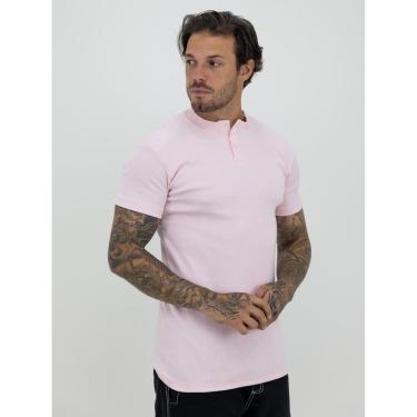 Imagem de Camiseta Slim Canelada Com Botão Lisa Estilo Americano Streetwear Justa ao Corpo Ribana Rosa-Masculino