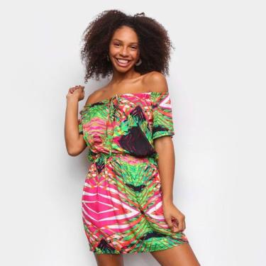 Imagem de Vestido Curto Água Viva Estampado Ombro A Ombro, Verde, Rosa, M