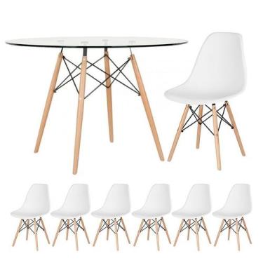 Imagem de Laraz, Mesa redonda Eames com tampo de vidro 120 cm + 6 cadeiras Eiffe