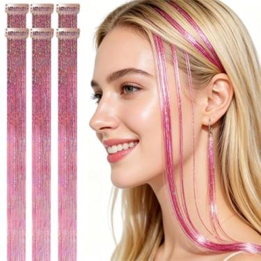 Imagem de CelineBella Presilha de cabelo rosa com ferramentas 80 fios/peças de cabelo de fada para o ano novo, Halloween, cosplay, cabelo brilhante para crianças e meninas