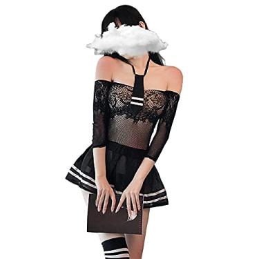 Imagem de SINGUYUN Womens Sexy Schoolgirl Outfits Lolita Lingerie Student Tight Net Clothes Uniform Pleated Skirt Cosplay Dress (7597Black)