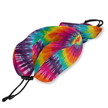 Imagem de ALAZA Almofada de viagem de espuma de memória tie dye arco-íris travesseiro de pescoço colorido para kit de viagem de avião com clipe de pressão, macio confortável e lavável
