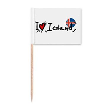 Imagem de Bandeira I Love Iceland com a palavra I Love Islândia com ilustração de coração, palito de dente, marcador para decoração de festa